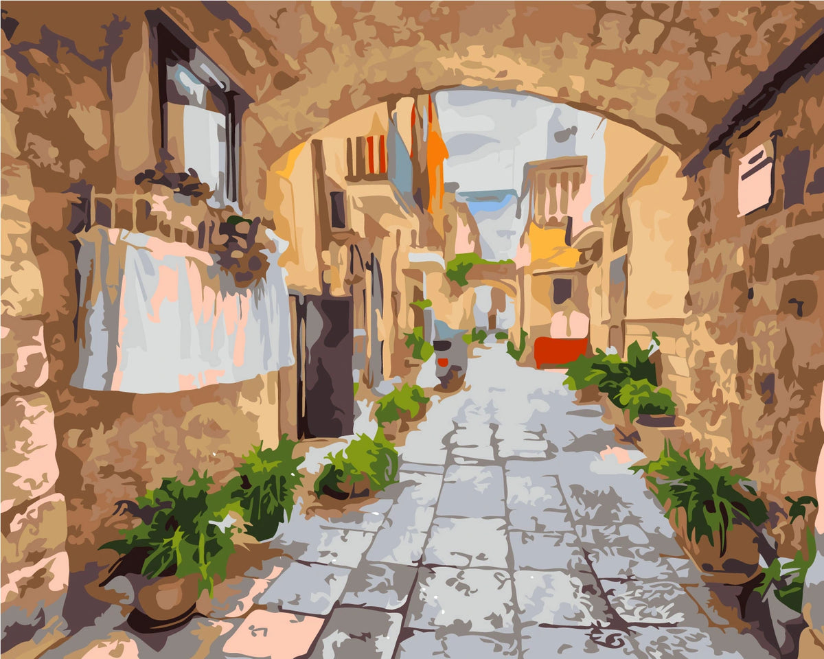 Painting of a charming Mediterranean alley with stone walls and plants