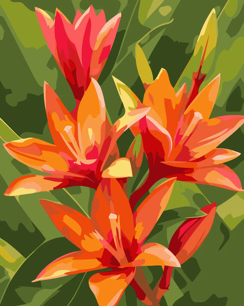Vibrant painting of tropical orange and red flowers with greenery