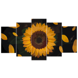 Multi-panel digital painting of a sunflower with falling petals