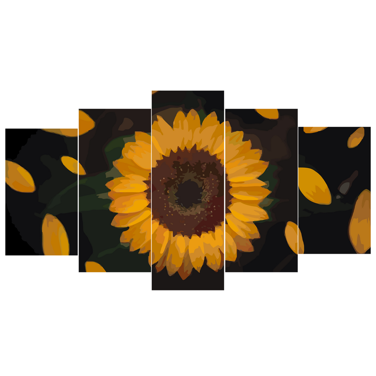 Multi-panel digital painting of a sunflower with falling petals