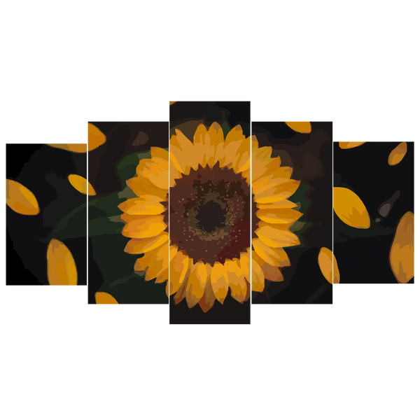 Multi-panel digital painting of a sunflower with falling petals