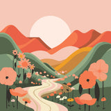 Painting of a scenic valley with flowers, mountains, and a sunset