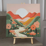 Painting of a scenic valley with flowers, mountains, and a sunset