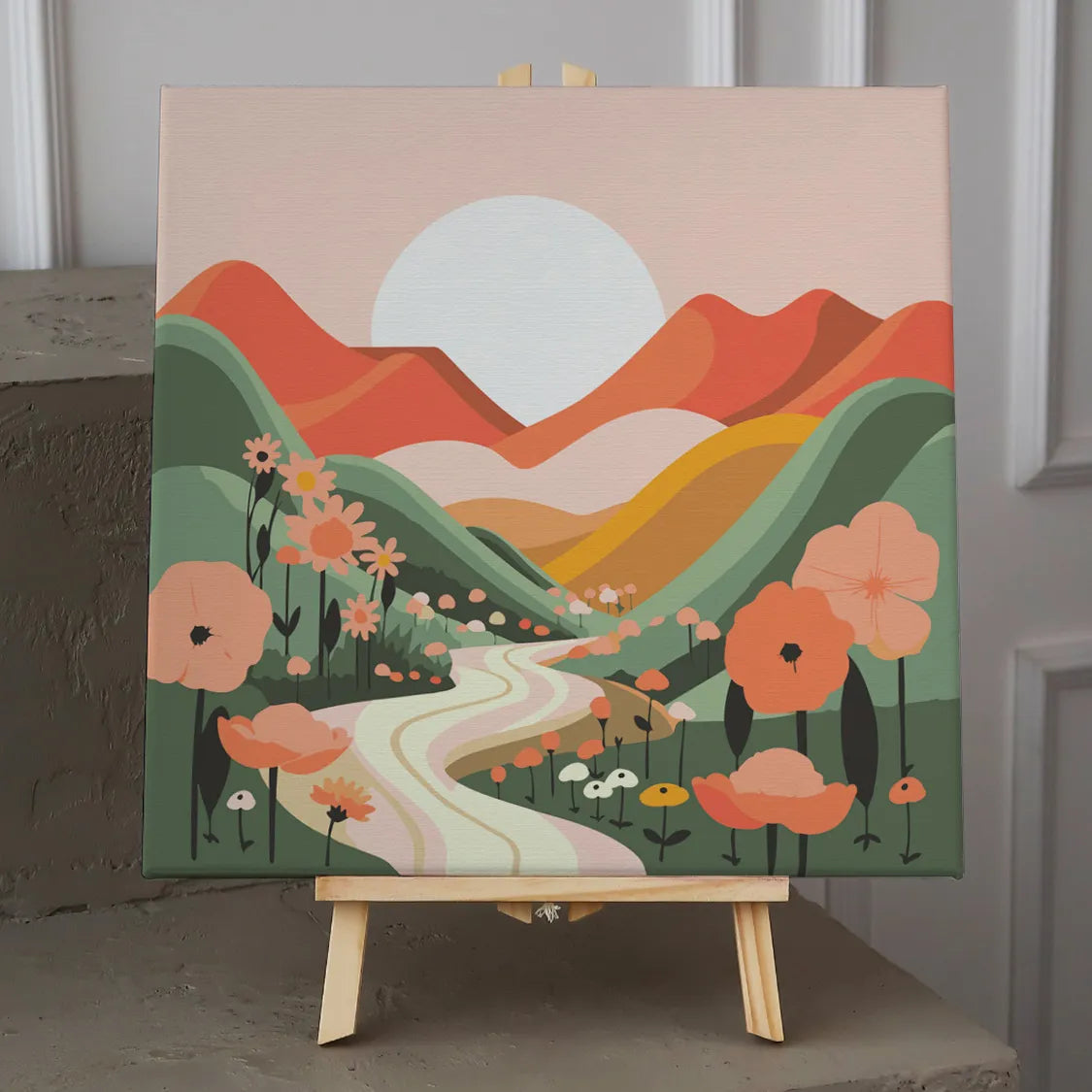 Painting of a scenic valley with flowers, mountains, and a sunset