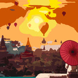 Painting of a woman with red umbrella watching sunrise and hot air balloons