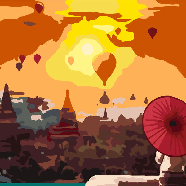 Painting of a woman with red umbrella watching sunrise and hot air balloons