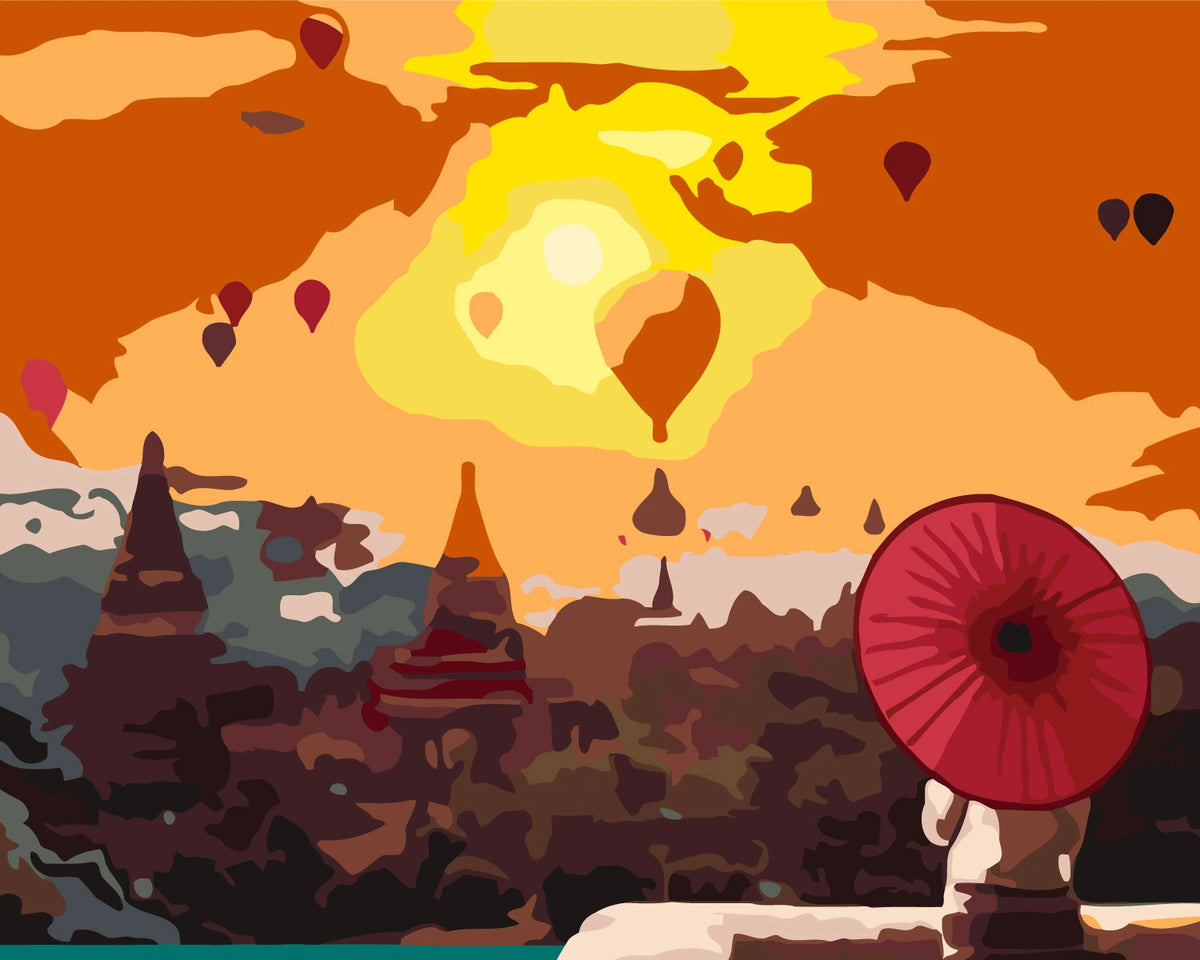 Painting of a woman with red umbrella watching sunrise and hot air balloons