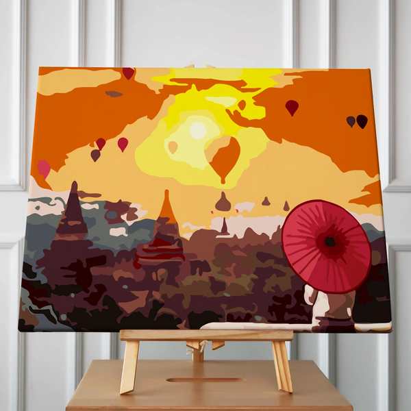 Painting of a woman with red umbrella watching sunrise and hot air balloons