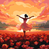Painting of a woman dancing in a field of red flowers at sunset