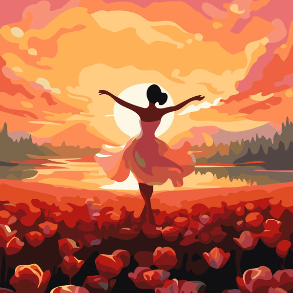 Painting of a woman dancing in a field of red flowers at sunset