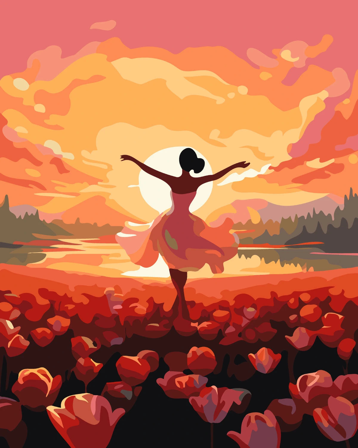 Painting of a woman dancing in a field of red flowers at sunset
