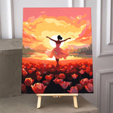 Painting of a woman dancing in a field of red flowers at sunset