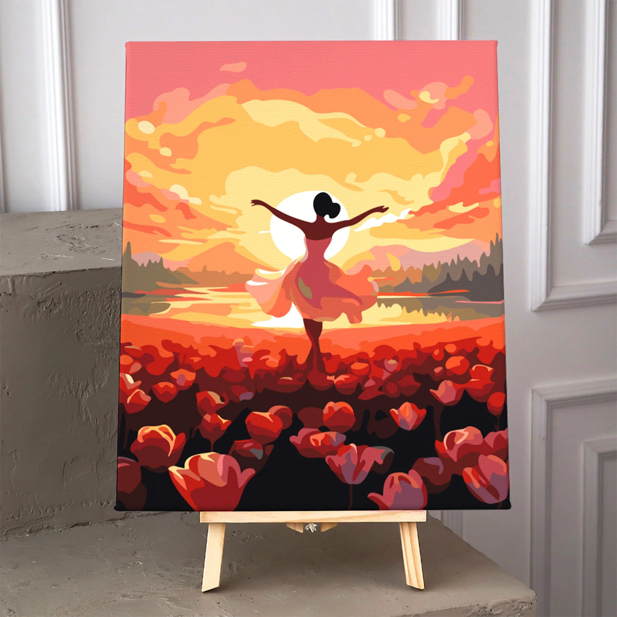 Painting of a woman dancing in a field of red flowers at sunset