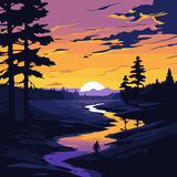 Painting of a serene sunset over a river with silhouetted trees