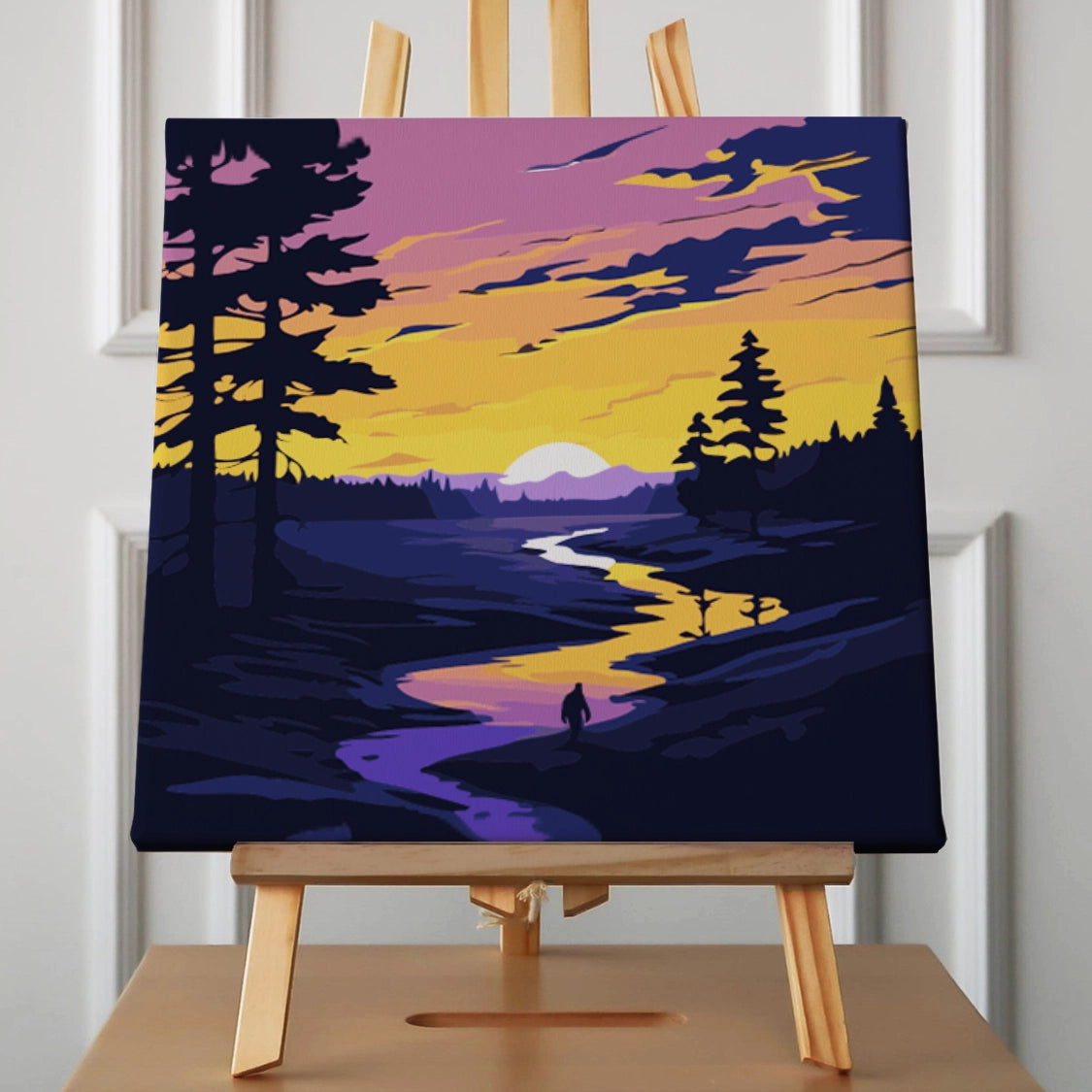 Painting of a serene sunset over a river with silhouetted trees