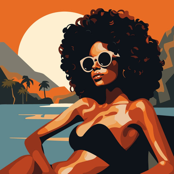 Painting of a stylish woman in sunglasses relaxing by the water