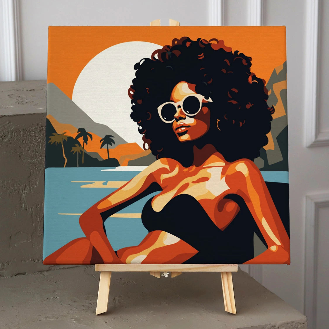 Painting of a stylish woman in sunglasses relaxing by the water