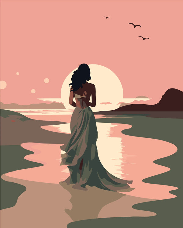 Painting of a woman in a flowing dress walking at sunset