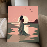 Painting of a woman in a flowing dress walking at sunset
