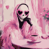 Painting of a skeleton wearing heart sunglasses and sipping coffee
