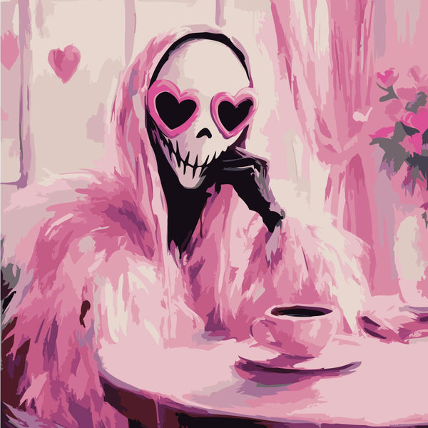 Painting of a skeleton wearing heart sunglasses and sipping coffee