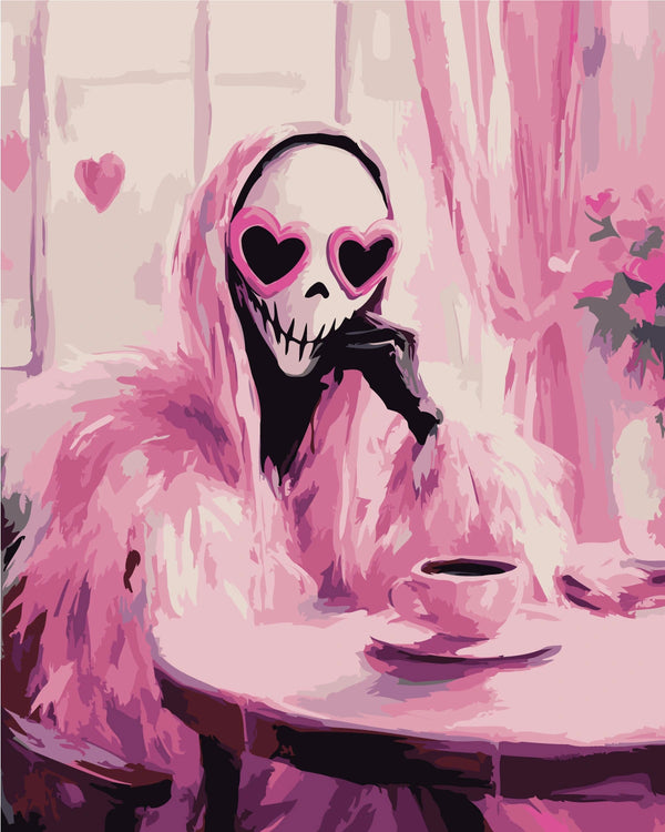 Painting of a skeleton wearing heart sunglasses and sipping coffee