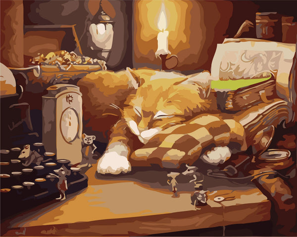 Stylized painting of a sleeping cat surrounded by tiny playful mice