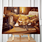 Stylized painting of a sleeping cat surrounded by tiny playful mice