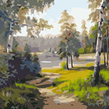 Stylized painting of a peaceful forest path leading to a lake