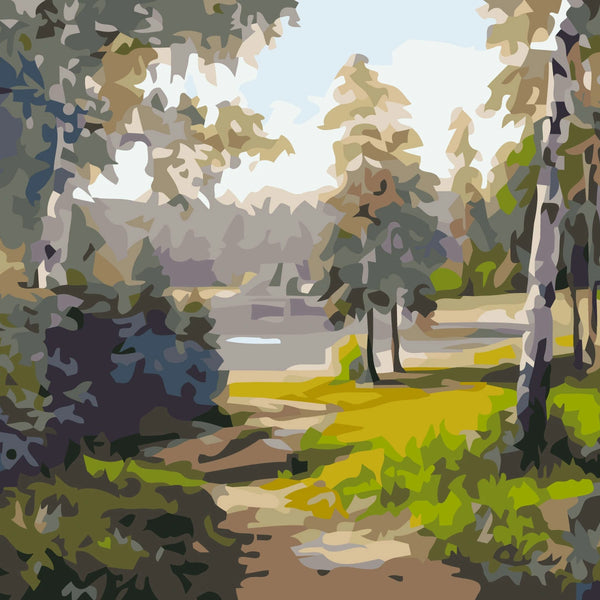 Stylized painting of a peaceful forest path leading to a lake