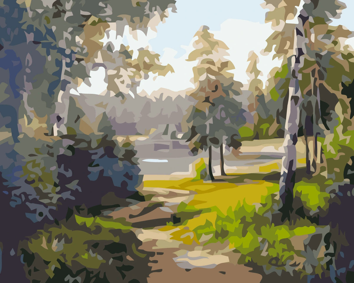 Stylized painting of a peaceful forest path leading to a lake