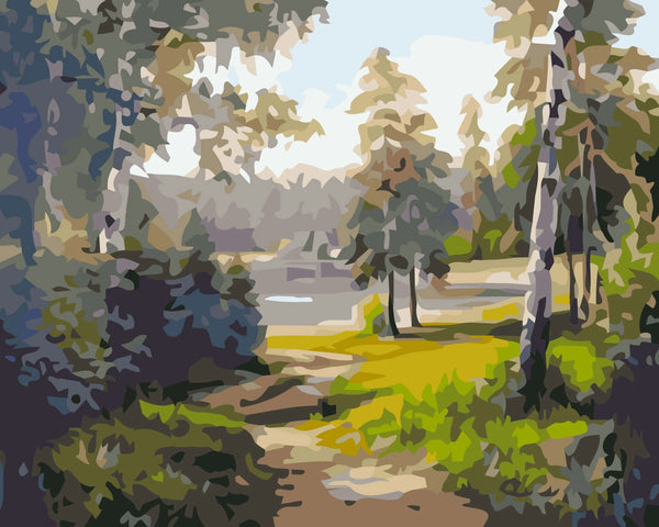 Stylized painting of a peaceful forest path leading to a lake