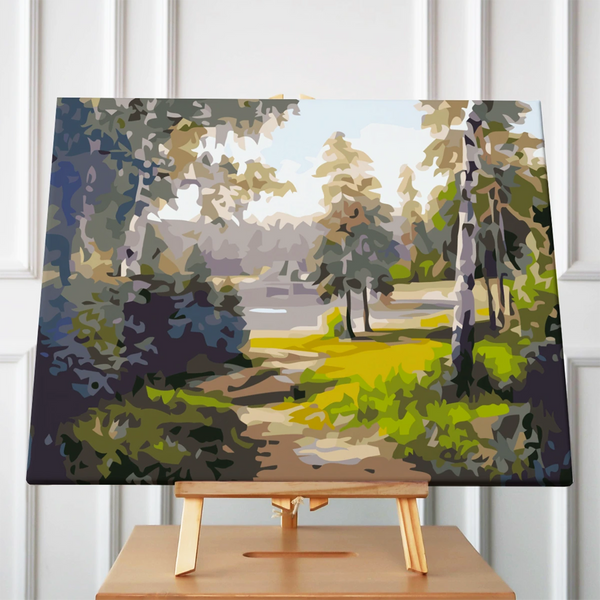 Stylized painting of a peaceful forest path leading to a lake