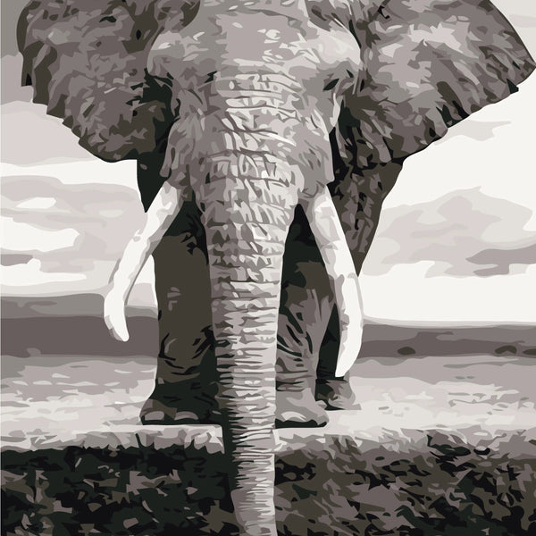 Stylized black and white painting of an elephant near water