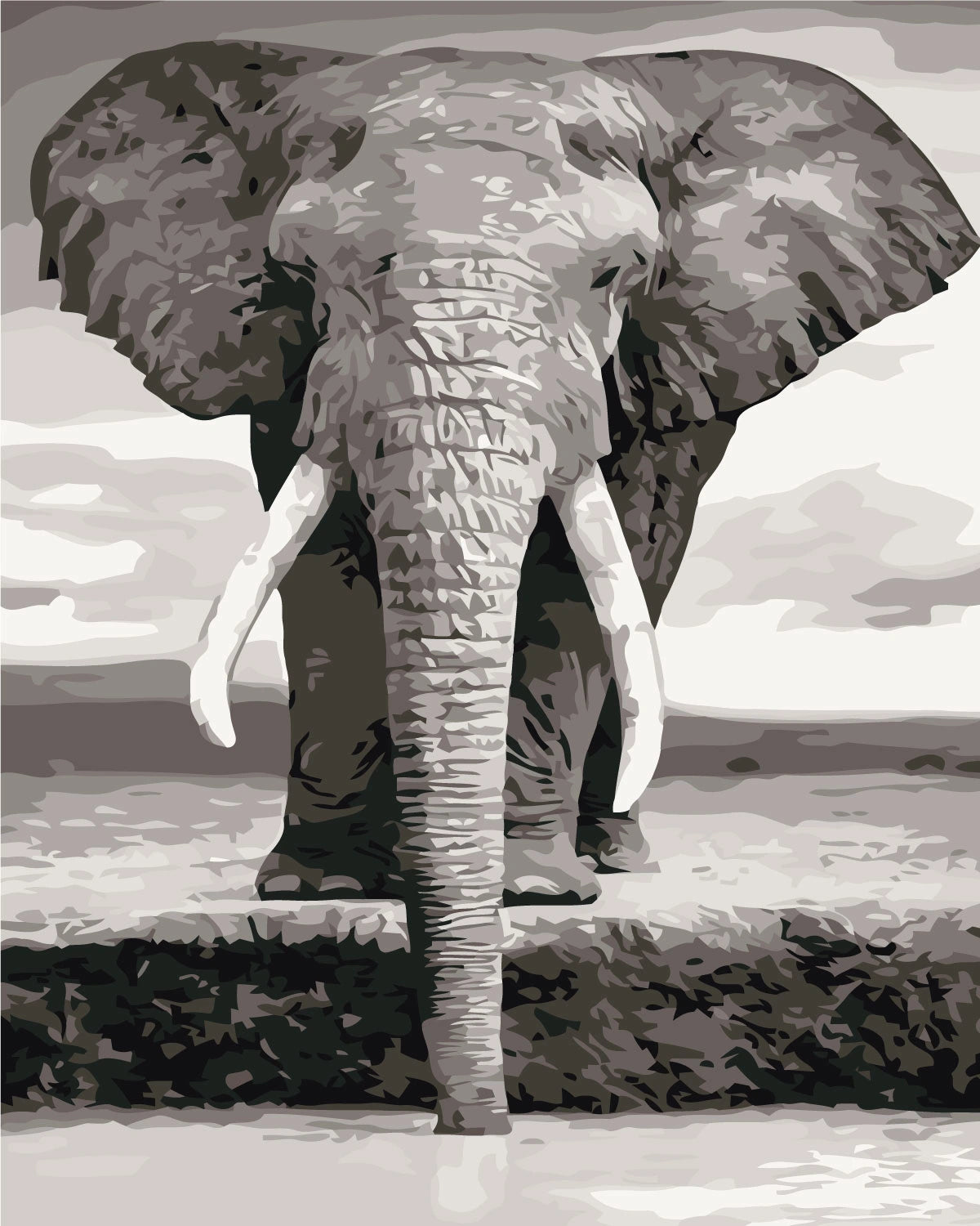 Stylized black and white painting of an elephant near water
