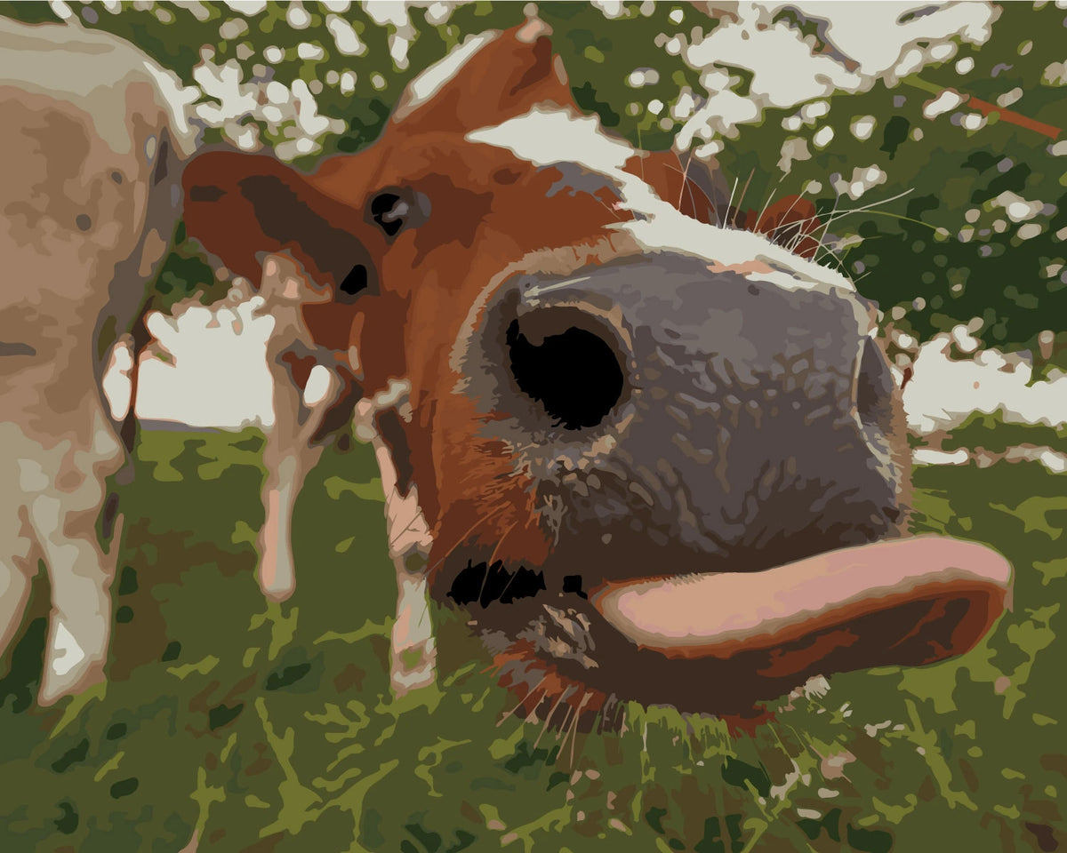 Stylized painting of a cow sticking its tongue out close-up