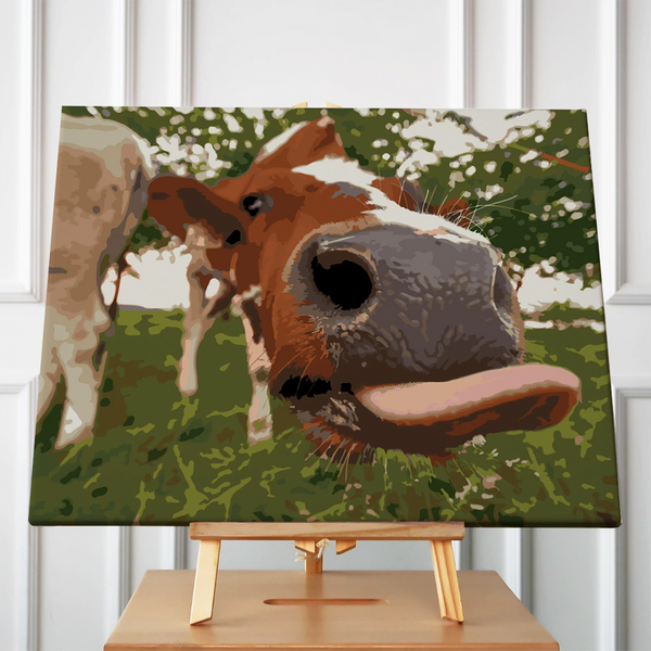 Stylized painting of a cow sticking its tongue out close-up