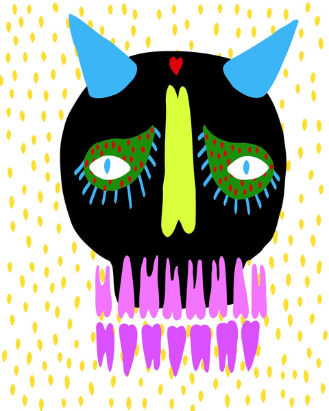 Black skull with neon blue horns, green eyelids, purple teeth, and a lime nose on a dotted yellow-white background – quirky paint by numbers art.