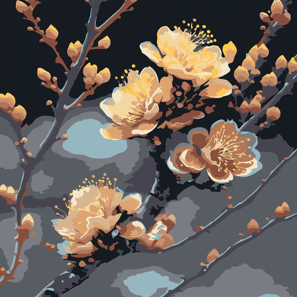 Stylized painting of golden blossom flowers on dark branches