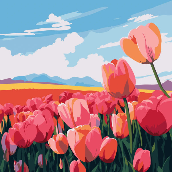 Vibrant tulip field painting with blue sky and distant mountains