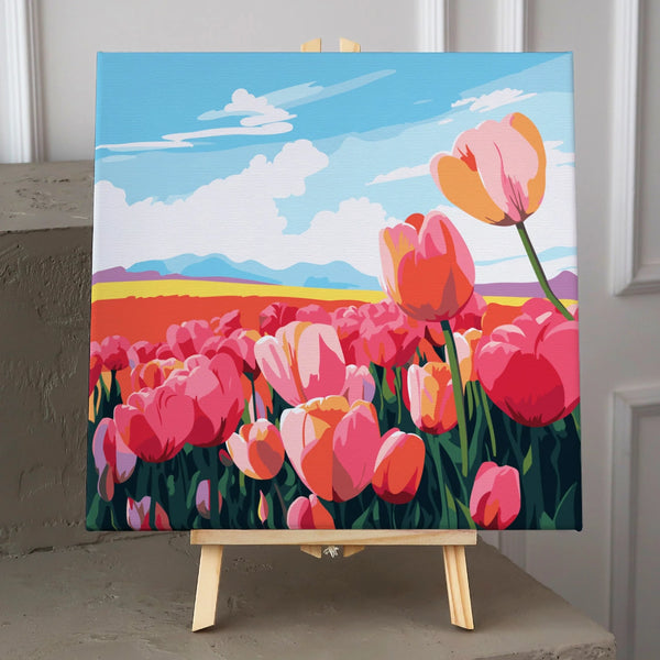 Vibrant tulip field painting with blue sky and distant mountains