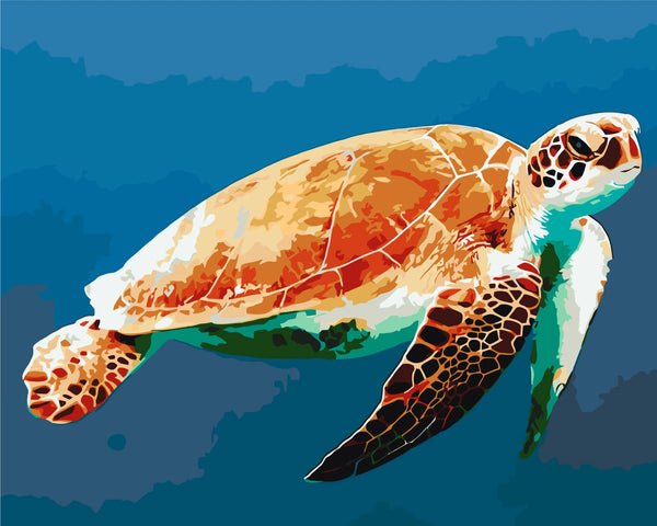 Stylized painting of a sea turtle swimming in the ocean