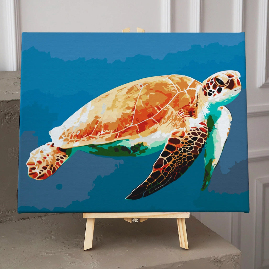 Stylized painting of a sea turtle swimming in the ocean