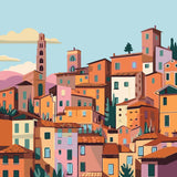 Colorful painting of a Mediterranean hillside town with terracotta rooftops