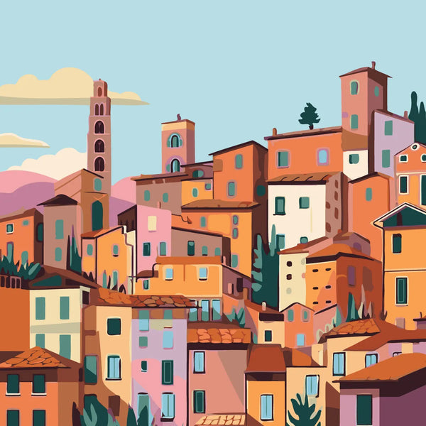 Colorful painting of a Mediterranean hillside town with terracotta rooftops