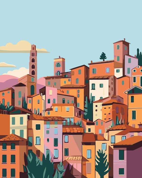 Colorful painting of a Mediterranean hillside town with terracotta rooftops