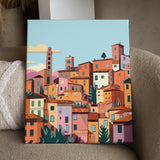 Colorful painting of a Mediterranean hillside town with terracotta rooftops
