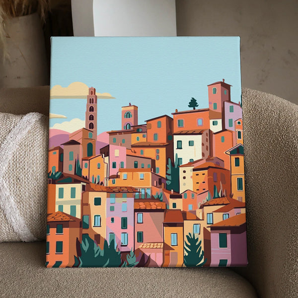 Colorful painting of a Mediterranean hillside town with terracotta rooftops