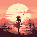 Silhouette of a woman walking towards a sunset over water