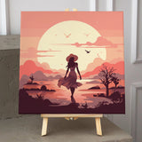 Silhouette of a woman walking towards a sunset over water